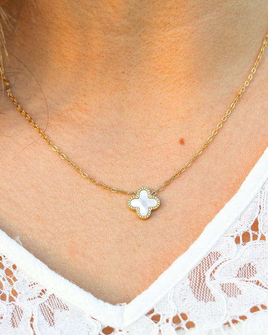 Water-resistant clover necklace with gold dainty chain and glossy white charm