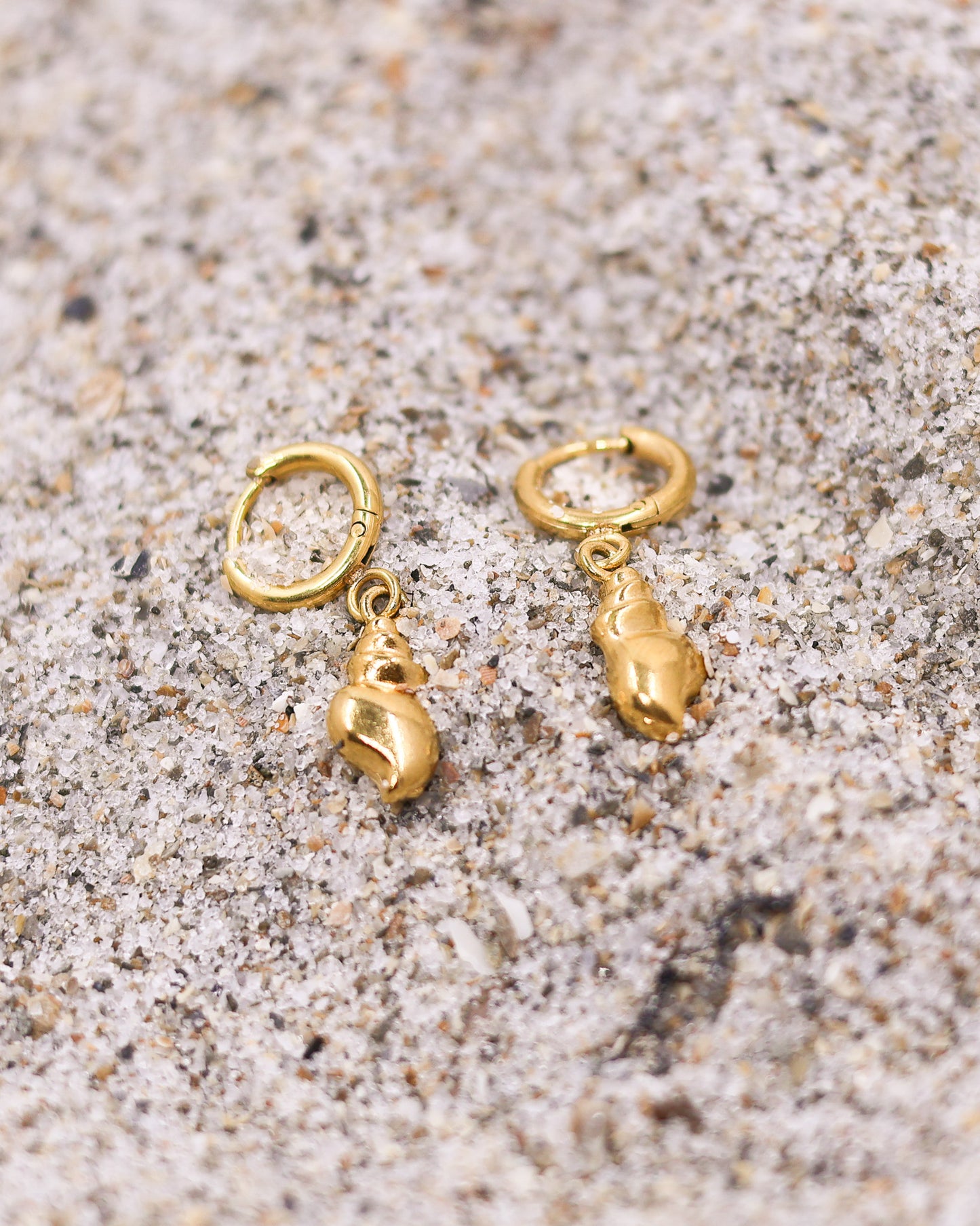 Dainty shell huggies with gold shine and subtle beach-inspired movement