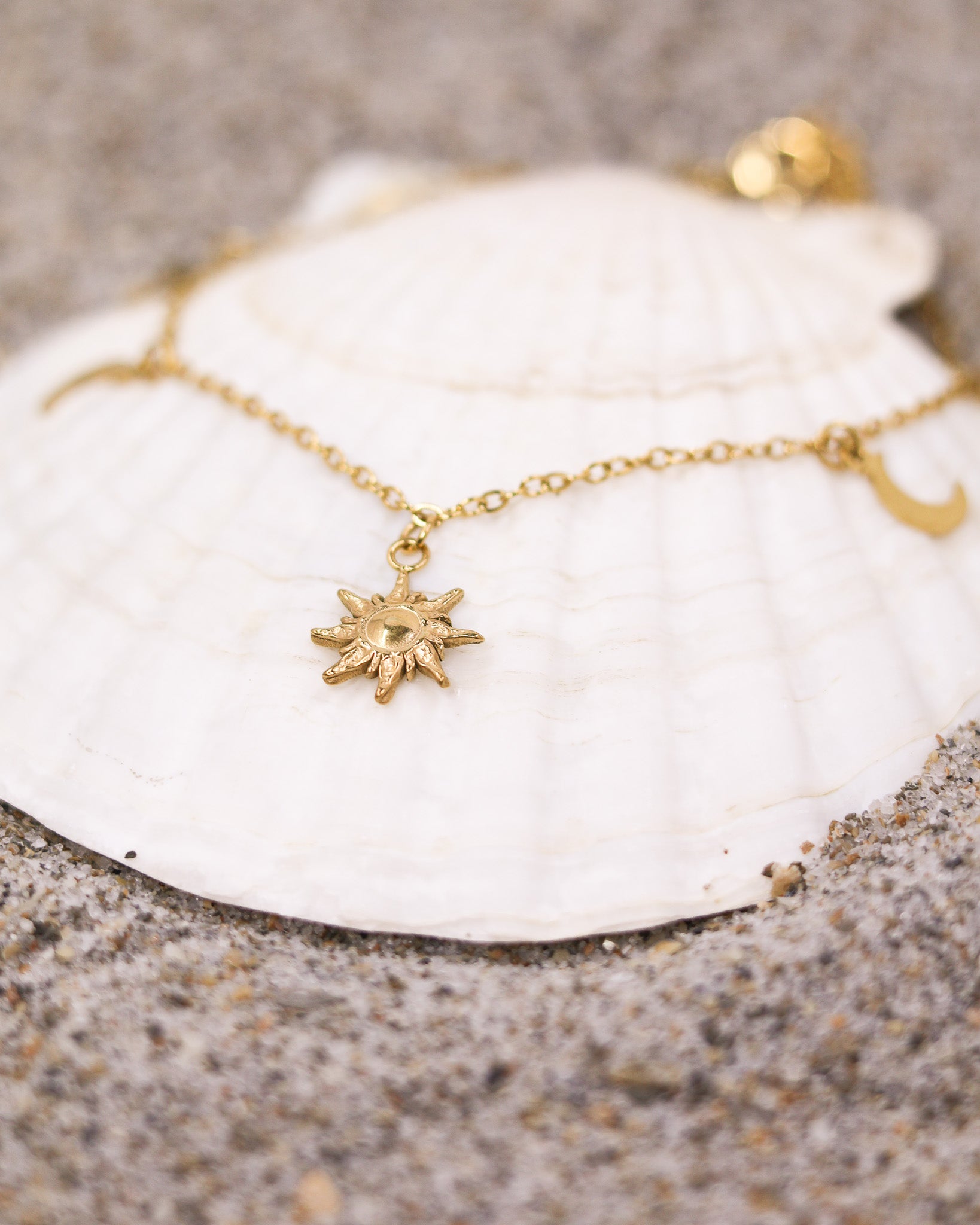 Double chain celestial anklet shown in full beach outfit