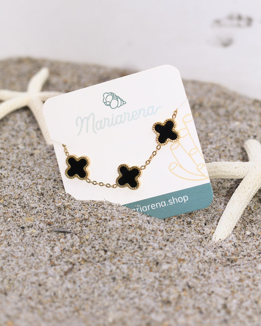 Midnight Black Clover Bracelet with five glossy enamel charms and gold finish