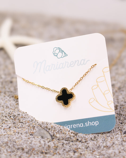 Midnight Clover Necklace with black enamel charm and dainty gold chain