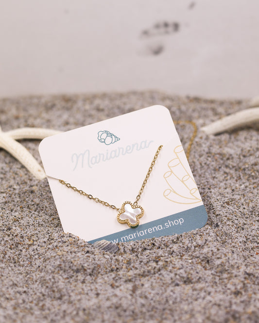 White Clover Glow Necklace with glossy charm and dainty waterproof gold chain